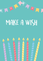 happy birthday, burning candles and decorative pennants celebration party card