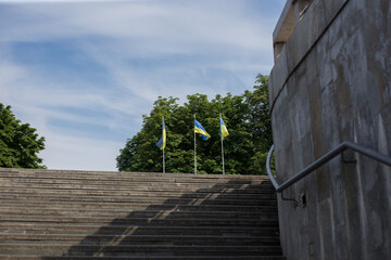 National flag of independent Ukraine waving in the wind