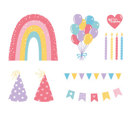 happy birthday, balloons candles hats rainbow decoration celebration party festive icons set