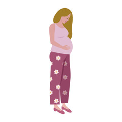 Simple cute colorful vector illustration of pregnant women in pink dress.  