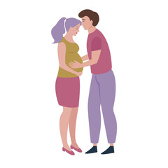 Happy loving young kissing couple waiting for a baby isolated on white background. Pregnant young beautiful woman. Vector illustration