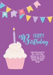 happy birthday, sweet cupcake with candle and pennants decoration celebration party