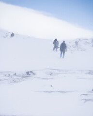 Fototapeta na wymiar Hikers and photographer in the dovrefjell national park, Norway. Man hiking in winter 