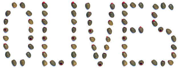 Stuffed Olives arranged on white background as the word OLIVES