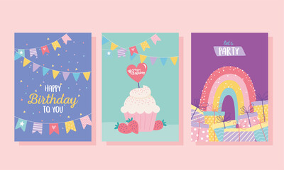 happy birthday, cupcake gifts rainbow decoration celebration greeting card and party invitation templates