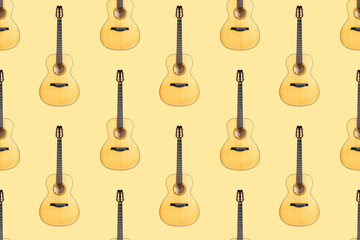 Seamless pattern of wood texture of lower deck of six strings acoustic guitar on yellow background