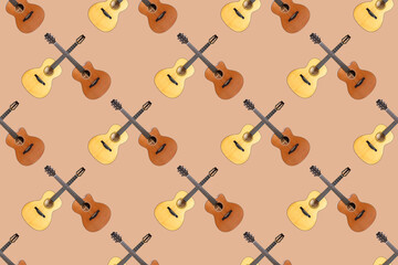 Seamless pattern of wood texture of lower deck of six strings acoustic guitar on orange background