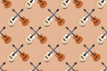 Seamless pattern of wood texture of lower deck of six strings acoustic guitar on orange background