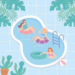 young people on vacation in the pool playing and swimming