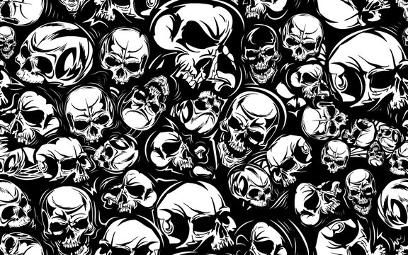 Black vector seamless pattern with skulls, illustration set. Hand-drawn art for t-shirts, clothes, helmets, cars, covers and wallpapers. concept graphic design element. Isolated on white background.