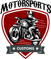 Fototapeta premium Man Riding Motorbike with shield for custom garage logo.