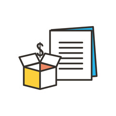 dollar over box and document line and fill style icon vector design