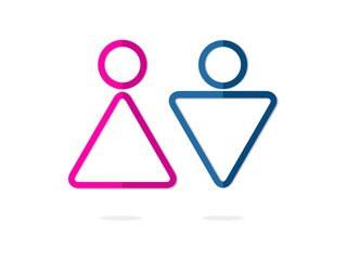 isolated gender, pink women and blue man symbols, icons, flat infographic, vector design element for toilet, wc, restroom, banner, label or board etc.