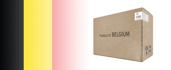 3D illustration of a paper box and flag. Background describing belgian goods. product of belgium.