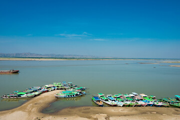 Irrawaddy River(Ayeyarwady River) view from Bupaya Pagoda at Bagan Archaeological Area and Monuments. a famous Buddhist ruins in Bagan, Mandalay Region, Myanmar.