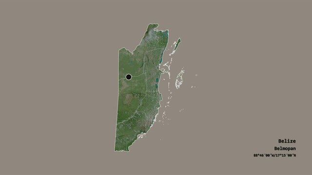 Stann Creek, district of Belize, with its capital, localized, outlined and zoomed with informative overlays on a satellite map in the Stereographic projection. Animation 3D
