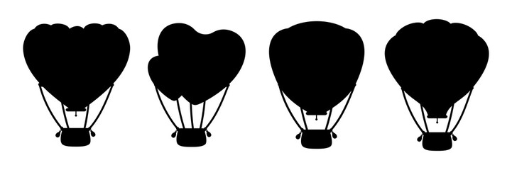 Hot air balloon black silhouette set. Monochrome heart shape or circle. Cartoon Valentine day design air balloons collection. Festivals or wedding journey air transport. Vector Isolated illustration