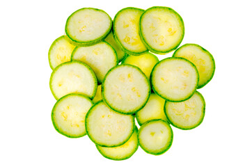 Round slices of young zucchini on white background.