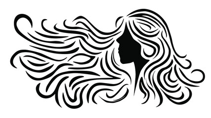silhouette of woman with long hair in the wind, vector illustration
