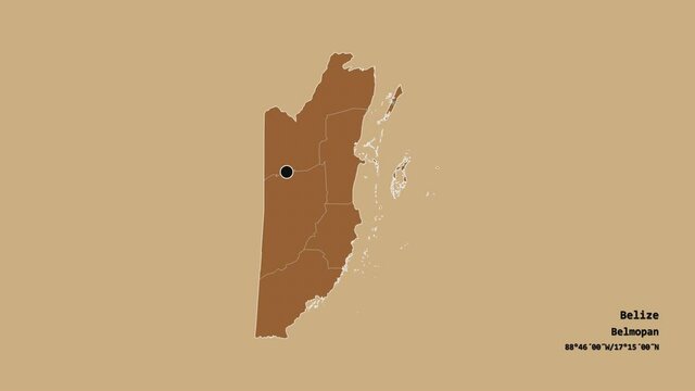 Toledo, district of Belize, with its capital, localized, outlined and zoomed with informative overlays on a solid patterned map in the Stereographic projection. Animation 3D