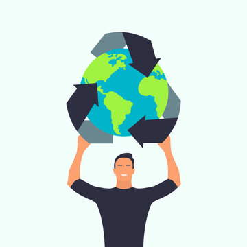 Cuidar al planeta. Reciclar y no contaminar el medio ambiente. Hombre sosteniendo un planeta, dando un mensaje de reciclar. Ilustraci&oacute;n vectorial dibujos animados 