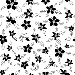 Black pimpernel flowers and white leaves, over a white background, seamless pattern