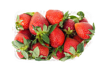 Ripe strawberries in transparent packaging isolated on white