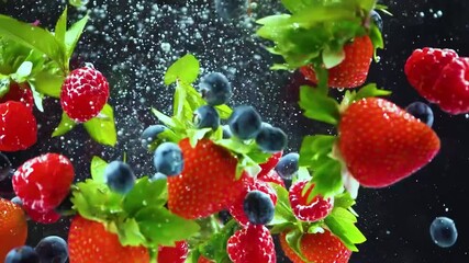 Strawberries, blueberries, raspberries, mint splash in the water, close-up