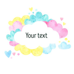 Watercolor logo clouds, multicolored clouds, clouds background, children's design, baby shower, greeting card. Sky. Watercolor prints.Hand drawn illustration. Nursery decor. 