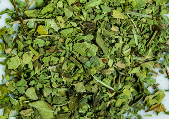 powdered mint leaves, scattered on ground / close macro shot