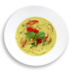 Thai chicken green curry on white background.