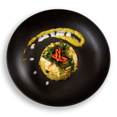 Green curry fried rice with chicken on white background.