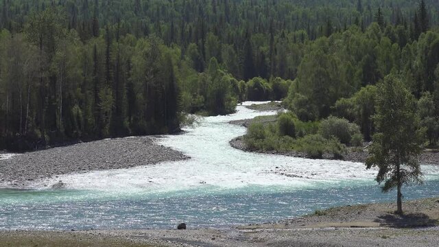Video of mountain Altai landscape with confluence of the Kucherla and  Katun rivers.  Altai, Siberia, Russia