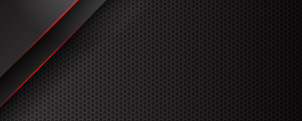 Abstract black red grey metallic carbon neutral overlap red light hexagon mesh design modern luxury futuristic technology background vector illustration. © Roisa