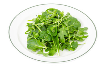 Healthy eating Arugula and spinach leaves on white plate, vegetarian menu