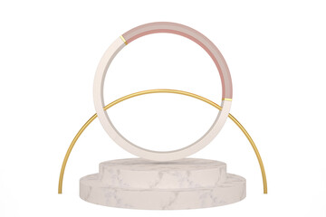 Marble Product showcase podium and round  frame isolated on white background. 3D illustration.