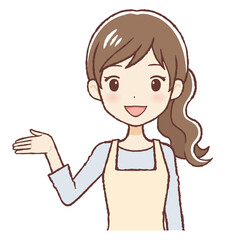 Fototapeta premium 右手を上げて案内するエプロン女性 上半身