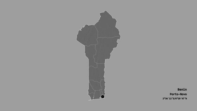 Borgou, department of Benin, with its capital, localized, outlined and zoomed with informative overlays on a bilevel map in the Stereographic projection. Animation 3D