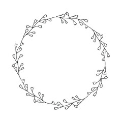 Round frame wreath of decorative leaves. A black-and-white outline drawing of plant elements. Vector image.