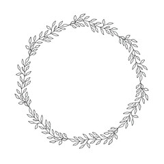 Round frame wreath of leaves. A black-and-white outline drawing of plant elements. Vector image.