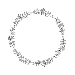 Round frame wreath of decorative leaves. A black-and-white outline drawing of plant elements. Vector image.