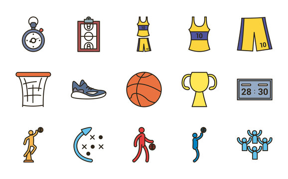 basketball line and fill style icon set vector design