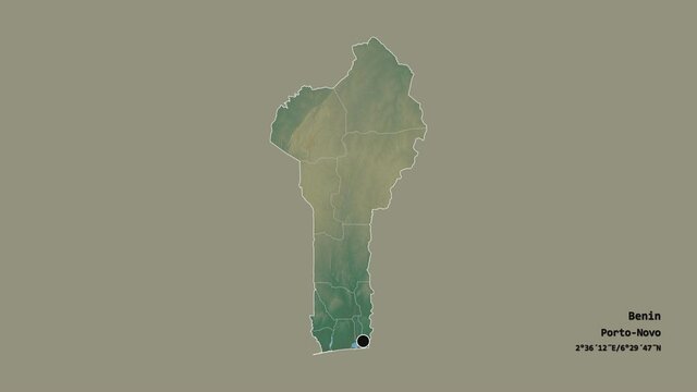 Borgou, department of Benin, with its capital, localized, outlined and zoomed with informative overlays on a relief map in the Stereographic projection. Animation 3D