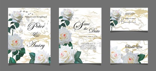 White rose set of wedding card-vector
