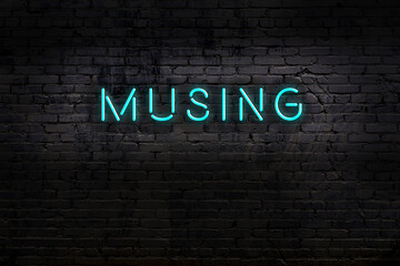 Neon sign. Word musing against brick wall. Night view