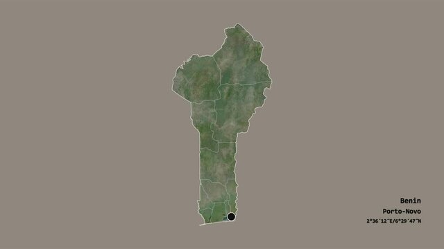 Borgou, department of Benin, with its capital, localized, outlined and zoomed with informative overlays on a satellite map in the Stereographic projection. Animation 3D