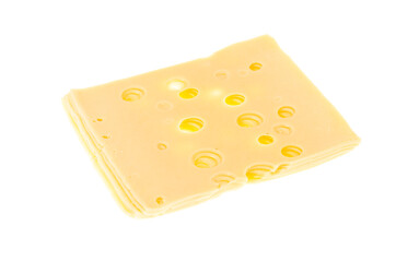 Slices of cheese with holes isolated on white background