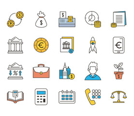 Money and business line and fill icon set vector design