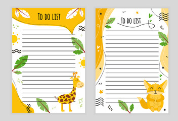 Illustration page with lines. To-do list with giraffe, palm leaves, sun, doodle, color background, page with lines to-do list with animal baubles, hearts, stars, palm leaves, color background