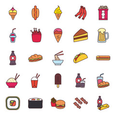 fast food line and fill style icon set vector design